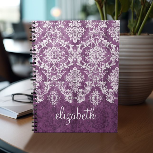 Plum Vintag Damask Muster und Name Notizblock (Personalized notebook - add name and custom text)