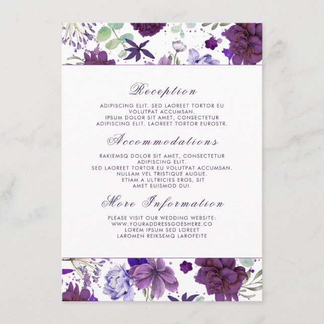 Plum Violet Blume Hochzeitsinformation Gast Begleitkarte (Vorderseite)