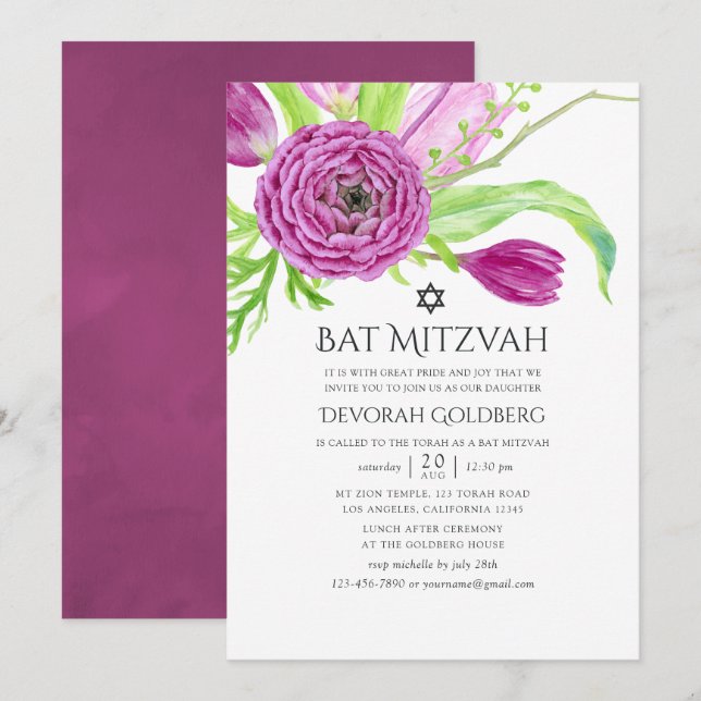 Plum Watercolor Floral Bat Mitzvah Einladung (Vorne/Hinten)