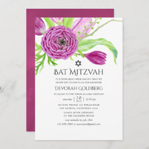 Plum Watercolor Floral Bat Mitzvah Einladung