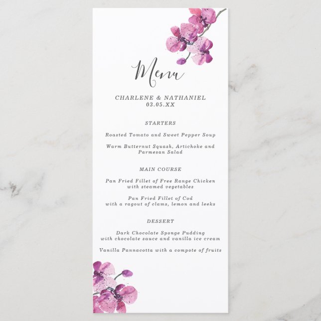 Plum Watercolor Orchid Wedding Menu Menükarte (Vorderseite)