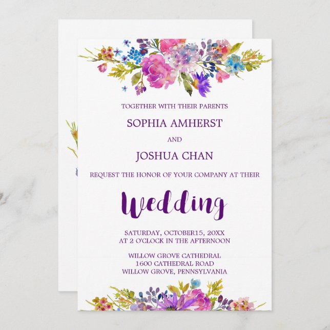 Plum Wedding Invitation Card mit Monogram Backing Einladung (Vorne/Hinten)