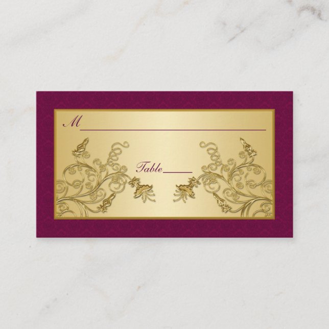 Plum Weine und Gold Floral Damask Placecards Platzkarte (Vorderseite)