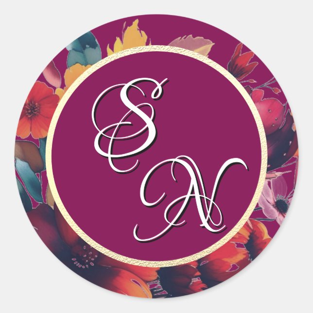 Plum Wildblumen Bouquet Monogram Initial Sticker (Vorderseite)