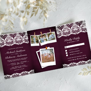 Plum Wood Country Lace Foto Collage Hochzeit Dreifach Gefaltete Einladung