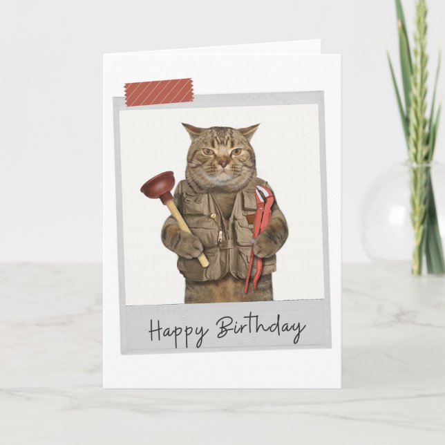 Plumber Cat Funny Birthday Card Karte (Vorderseite)