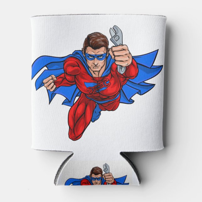 Plumber Mechanic Superhero Holding Schraubenschlüs Dosenkühler (Vorderseite)