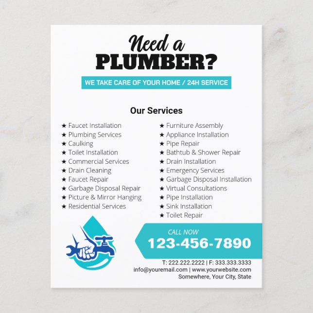 Plumbing Service Water Drop Logo Plumber Business Flyer (Vorne)