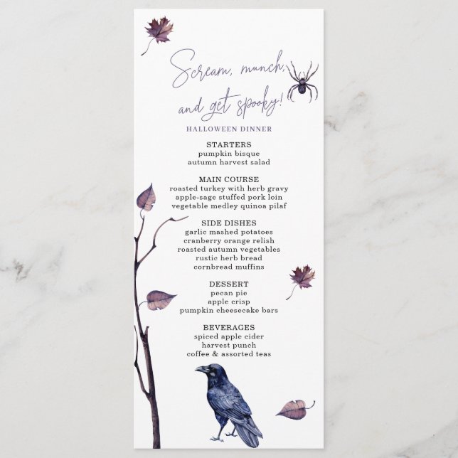 PLUMBLACK CROW SPIDER AUTUMNBLÄTTEN HALLOWEEN MENÜKARTE (Vorderseite)