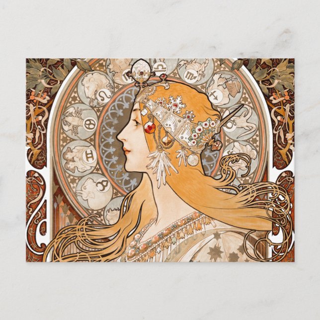 Plume Zodiac Woman von Alphonse Mucha - Jugendstil Postkarte (Vorderseite)