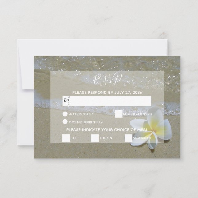 Plumeria Frangipani auf Sand Wedding RSVP Cards (Vorderseite)