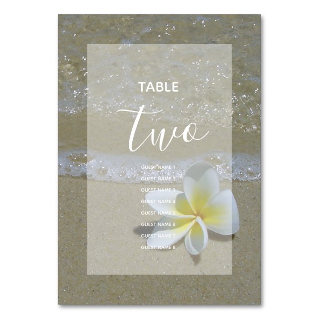 Plumeria Frangipani on Sand Wedding Guest Names Tischnummer (Vorderseite)
