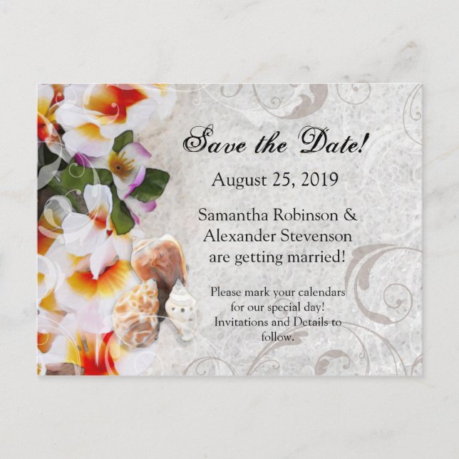 Plumeria Orchid Lei Sand Beach Save the Date Karte (Vorderseite)