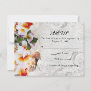 Plumeria-Orchideen-Lei im Sand RSVP Strandhochzeit Karte
