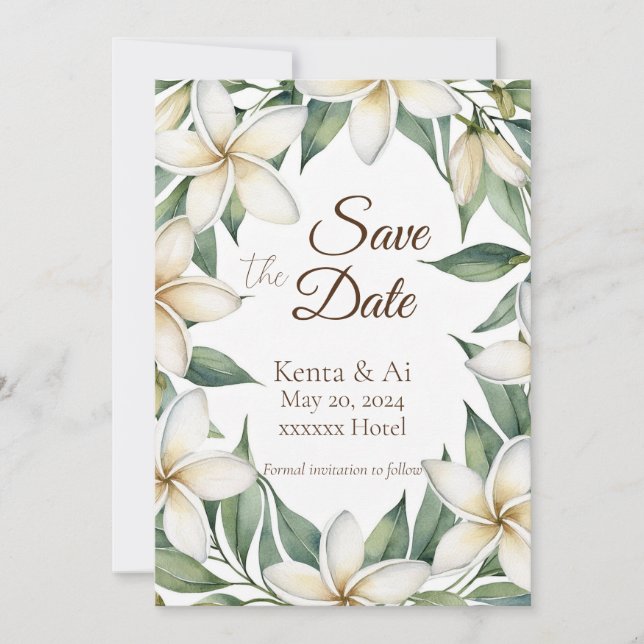 Plumeria Wedding Save the Date Card Einladung (Vorderseite)