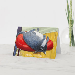 Plump Tuxedo cat upside down Christmas edition Feiertagskarte