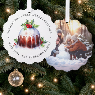 Plumpudding-Stechpalmen-Beeren-Aquarell-Foto Ornament Karte