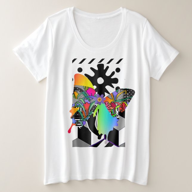 Plus Größe Frauen Schmetterling Blumengestelle Gra Große Größe T-Shirt (Design vorne)