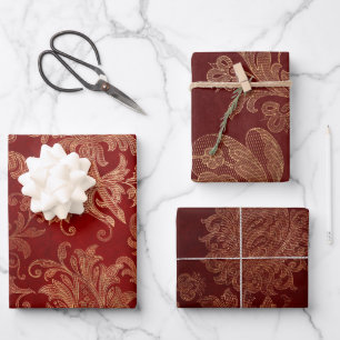 Plüsch-Bordeauxrot und Gold-Damaskus Geschenkpapier Set