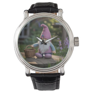 Plüsch-Gnom-Figur mit gewebtem Korb im Sommer Armbanduhr