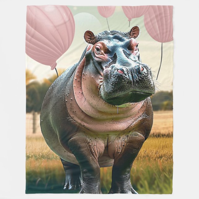 Plüschkugel mit Whimsikem Hippo und rosa Kissen Fleecedecke (Vorderseite)