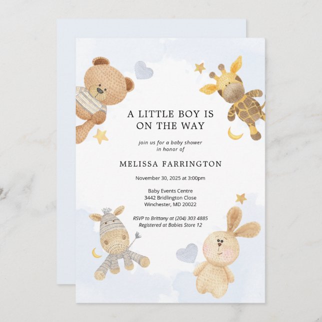 Plüschtiere Pastel Blue Niedlich Baby Dusche Einla Einladung (Vorne/Hinten)