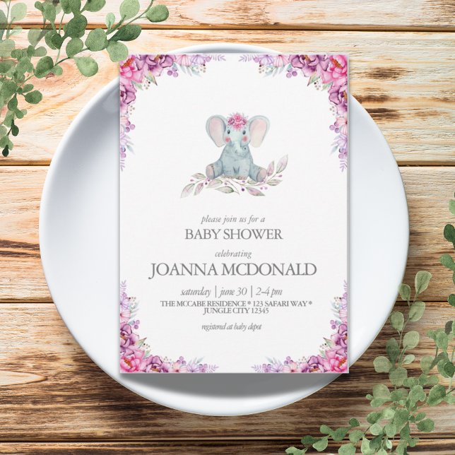 Plush Elephant | Safari Floral Baby Girl Dusche Einladung (Plush Elephant | Safari Floral Baby Girl Shower Invitation)