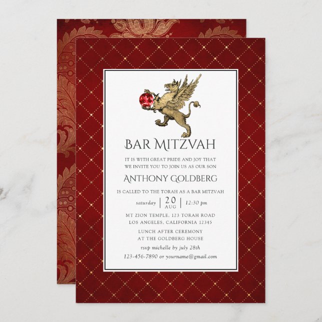 Plush Red and Gold Damask and Lattice Bar Mitzvah Einladung (Vorne/Hinten)