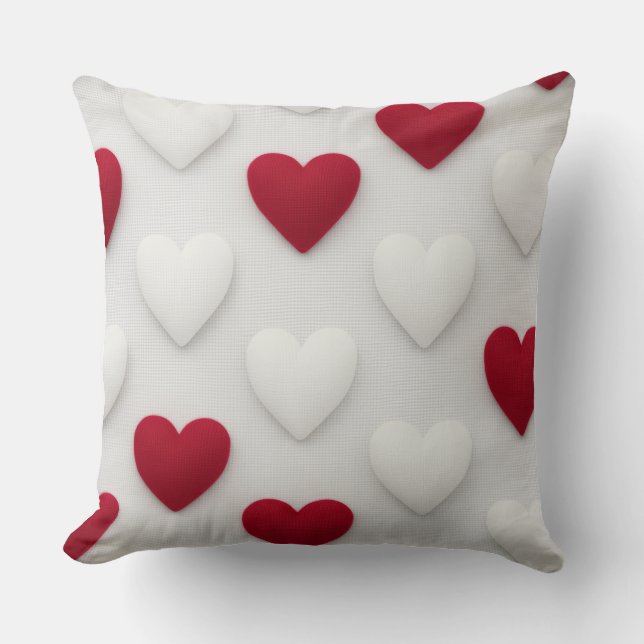 Plush Red & White Hearts Cotton Throw Pillow Kissen (Vorderseite)