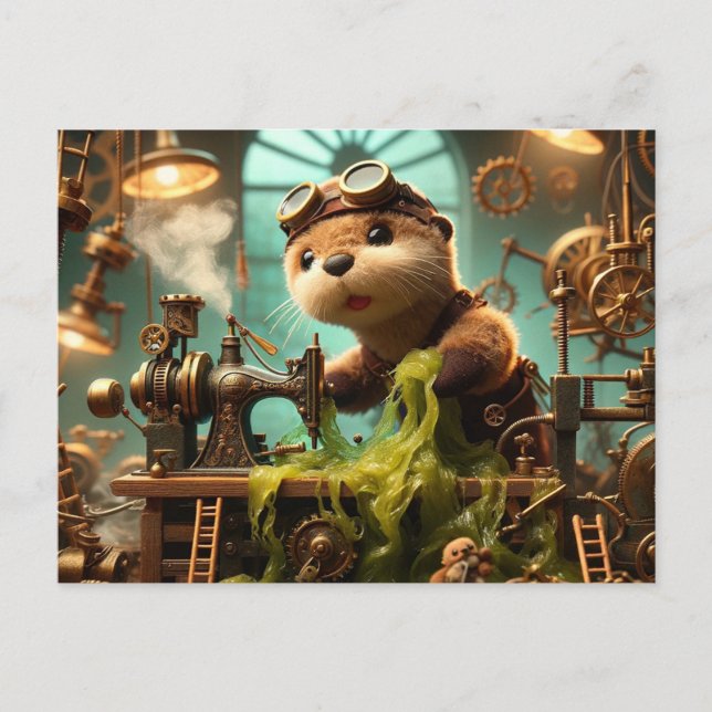 Plush Steampunk Otter Seaweed-Blockiermaschine Postkarte (Vorderseite)