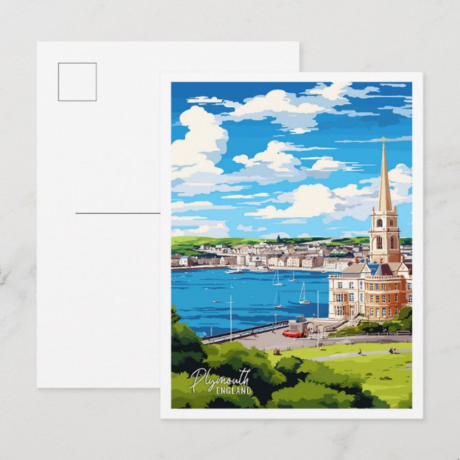 Plymouth England Vintage Travel Illustration Postkarte (Vorne/Hinten)