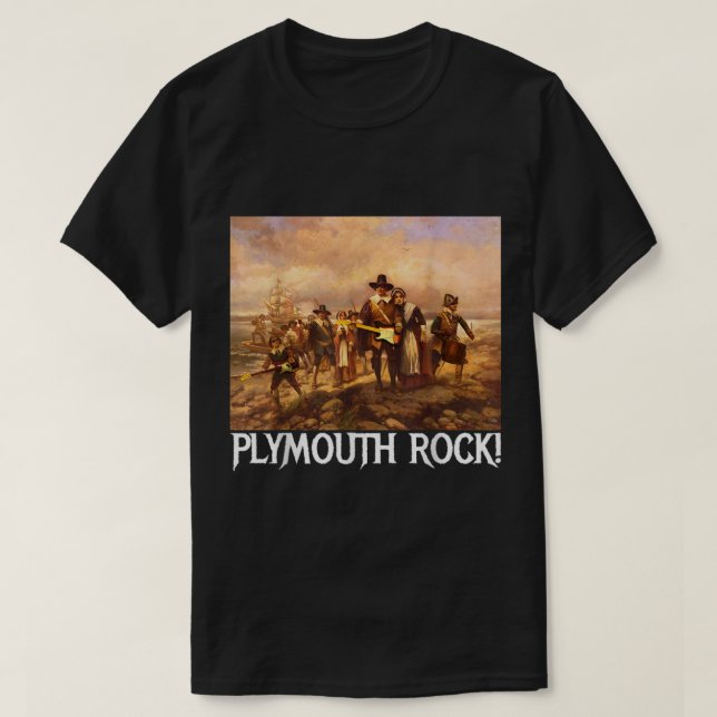 Plymouth Rock Erntedank Pilgrims Rocking Gitarre T-Shirt (Design vorne)