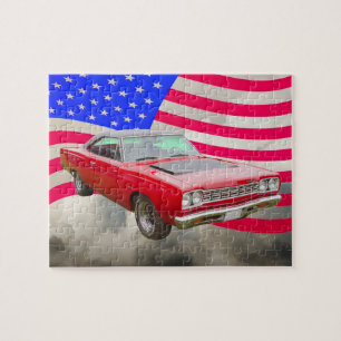 PlymouthRoadrunner 1968 und -amerikanische Flagge Puzzle