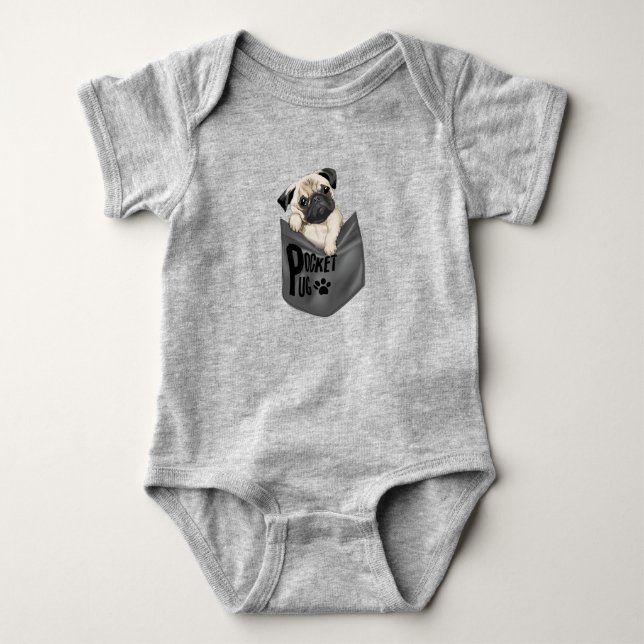 Pocket Mops Grau Baby Bodysuit Baby Strampler (Vorderseite)