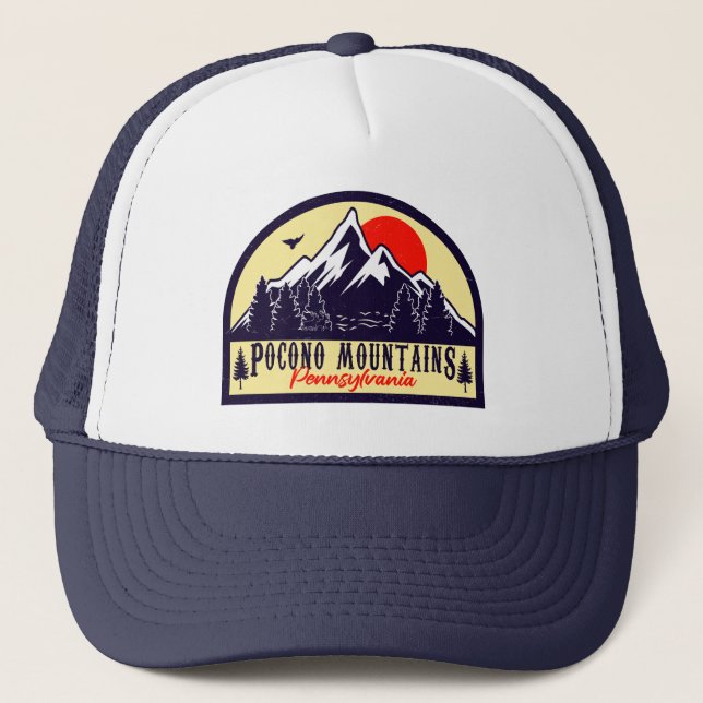 Pocono Berge PA Retro Sunset Souvenirs Geschenk Truckerkappe (Vorderseite)