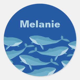Pod of Whales Schwimmen Dunkelblau Personalisiert Runder Aufkleber