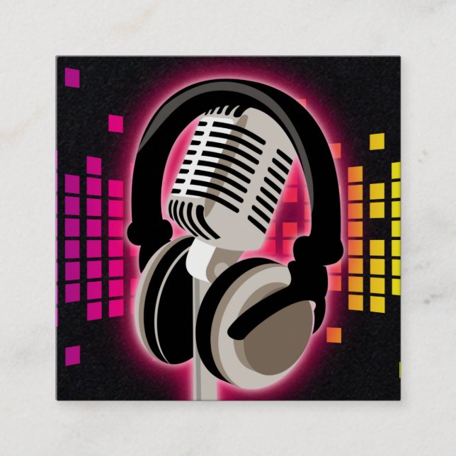 Podcast glühende Mikrofon Kopfhörer Pink Black Quadratische Visitenkarte (Vorderseite)
