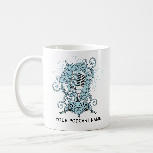 Podcast Name Blaues Mikrofon Kaffeetasse (Links)