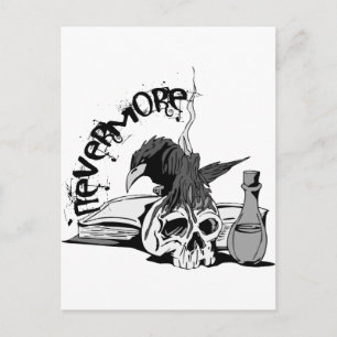 Poe Raben-Schädel u. Buch nie wieder Postkarte