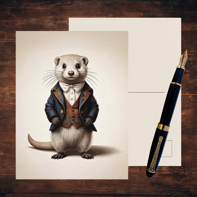 Poetcore Literary Wiesel | Dark Academia Postkarte (A poetcore dark academia postcard on a dark wooden desk with a fountain pen. Gentleman Weasel)