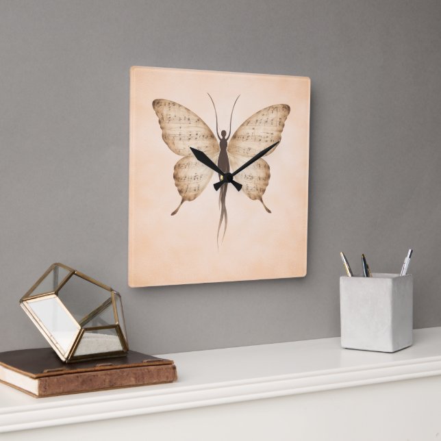 Poetic Butterfly Form Square Clock Quadratische Wanduhr (Büro)