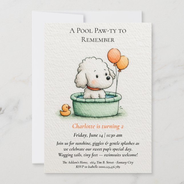 Poetische und Minimalistische Puppy Pool-Party Ein Einladung (Vorderseite)