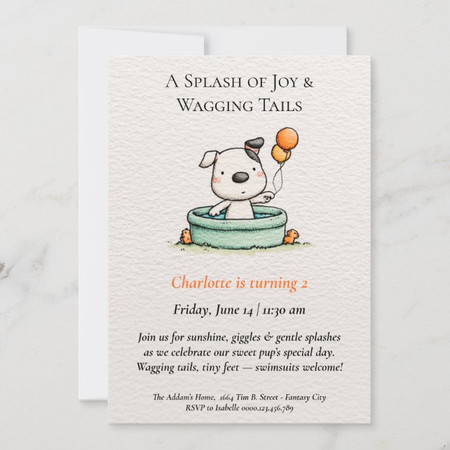 Poetische und Minimalistische Puppy Pool-Party Ein Einladung (Vorderseite)