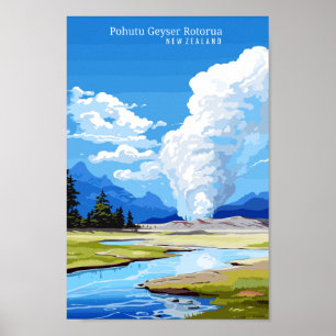 Pohutu Geyser NZ Vintage Reise Illustration Poster