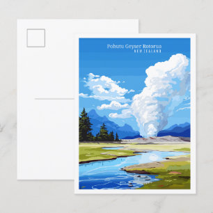 Pohutu Geyser NZ Vintage Reise Illustration Postkarte