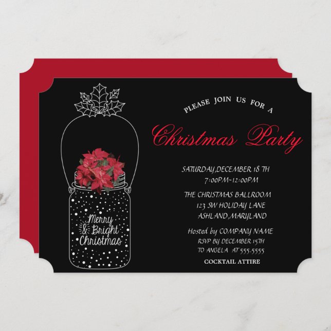 Poindettia, Mason Jar Weihnachtsfest im Unternehme Einladung (Vorne/Hinten)