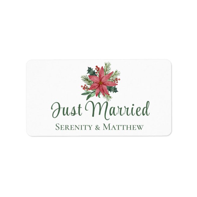 Poinsetia Christmas Floral Just Married Wedding Adressaufkleber (Vorne)