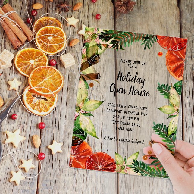Poinsettia and Oranges Christmas Acryleinladungen (Poinsettias, orange slices, cinnamon sticks and greens ACRYLIC Christmas party invitations)