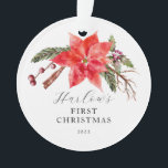 Poinsettia Baby's First Christmas Ornament<br><div class="desc">Niedliche Weihnachtsschmuck für ein Neugeborenes mit Aquarellbilderpoinsettia und Winterbotanicals. Im Text steht "XX's" ERSTE CHRISTMAS.</div>