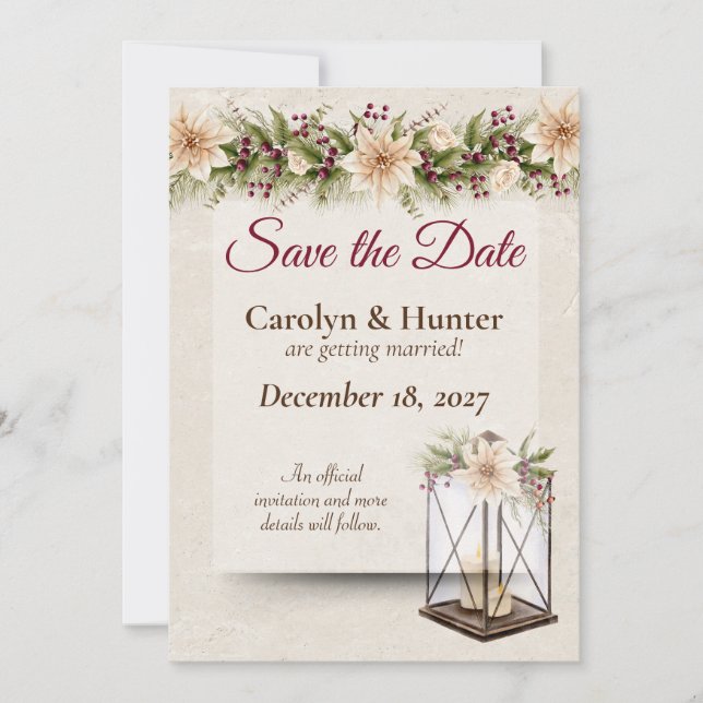 Poinsettia & Berries Elegante Hochzeit Save The Date (Vorderseite)